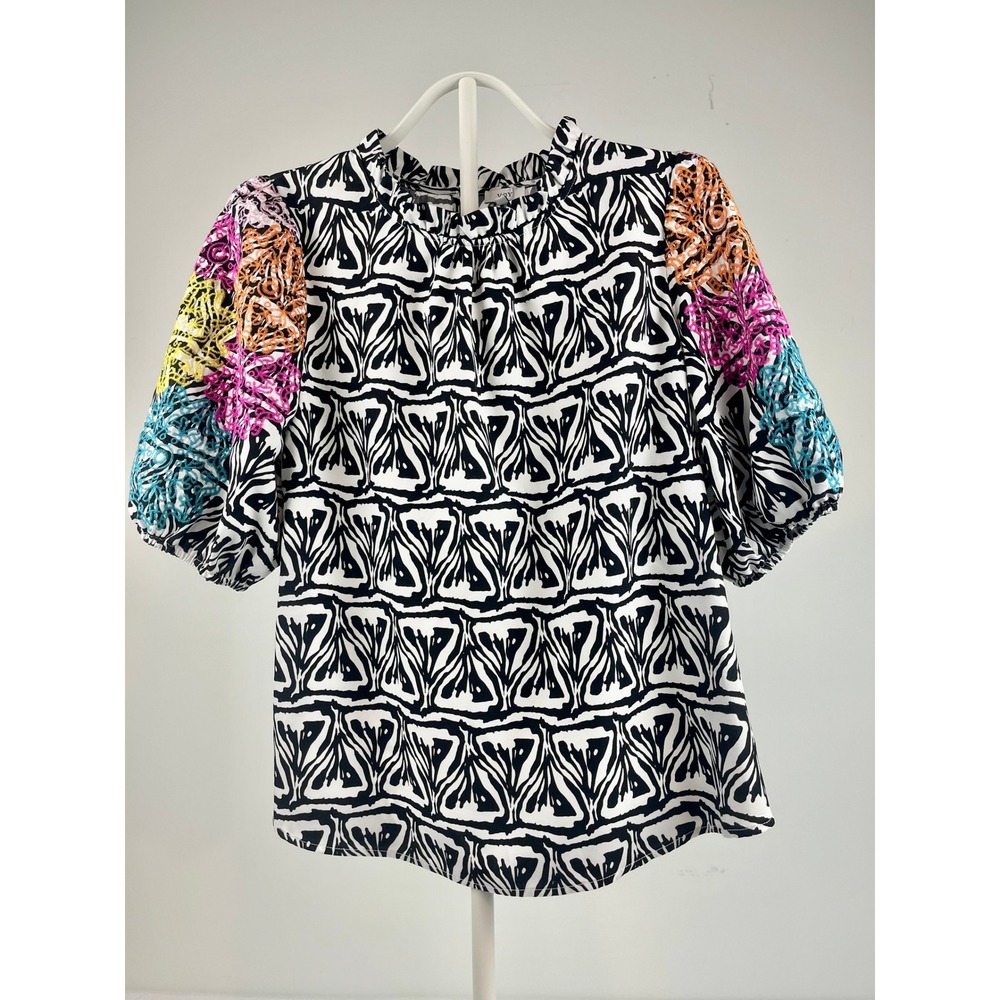 Voy Womens Top M Black White Abstract Print Colorful Embroidered Puff Sleeve